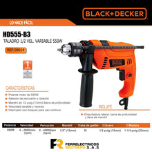 Cargar imagen en el visor de la galería, TALADRO 1/2 VEL. VARIABLE 550W 2.800 RPM BLACK+DECKER HD555-B3