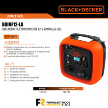 Cargar imagen en el visor de la galería, Inflador multiproposito 12v pantalla led BDINF12-LA Black+dekcer