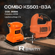 Cargar imagen en el visor de la galería, SIERRA CALADORA 420W + LIJADORA PLIEGO 1/4 BLACK+DECKER KS501-B3A