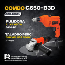 Cargar imagen en el visor de la galería, Pulidora 4.1/2 Ref G650-B3+Taladro 3/8 Perc. 550W Tp555 G650-B3D Black+Decker