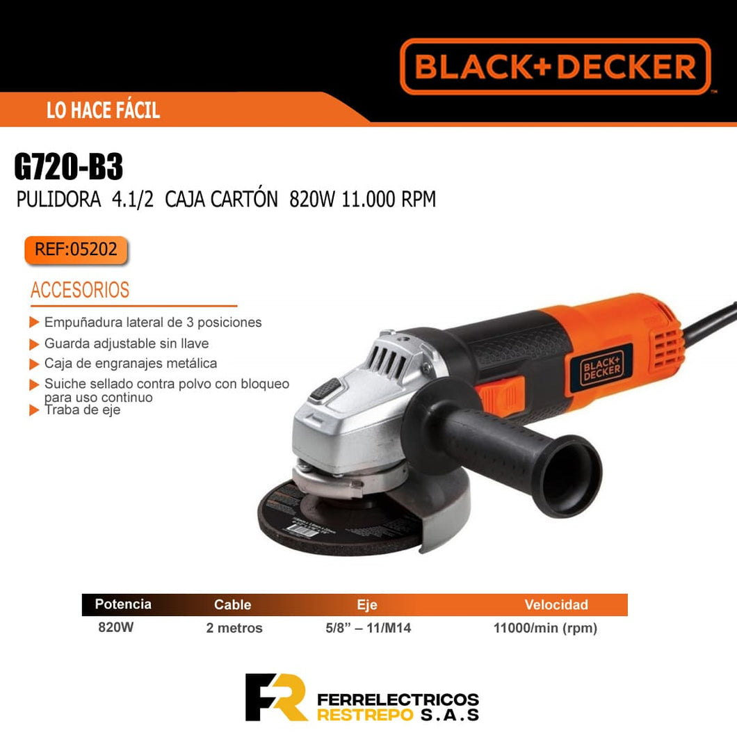 Pulidora Black & Decker 4 1/2 820 W Velocidad Máx 110